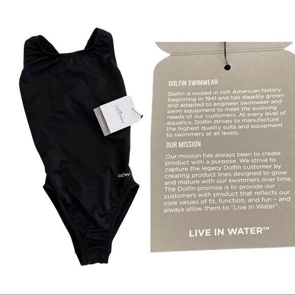 “Dolphin Ocean” Racing Solid Performance Back One Piece Swimsuit • Blk• 26 • NWT - Picture 7 of 13